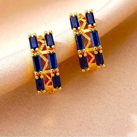 ✨🆕✨ Elegant 18K Plated Gold Simulated Sapphire Blue Hoop Earrings✨ - Picture 6 of 13